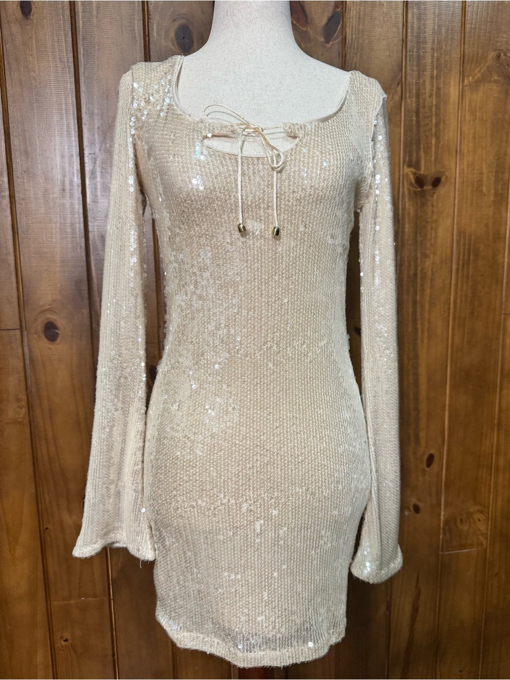 Sequin Tie-Neck Long Sleeve Mini Dress - Champagne